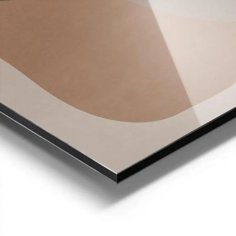affiche avec des formes courbes et organiques de couleurs beige et marron sur un aluminium.webp
