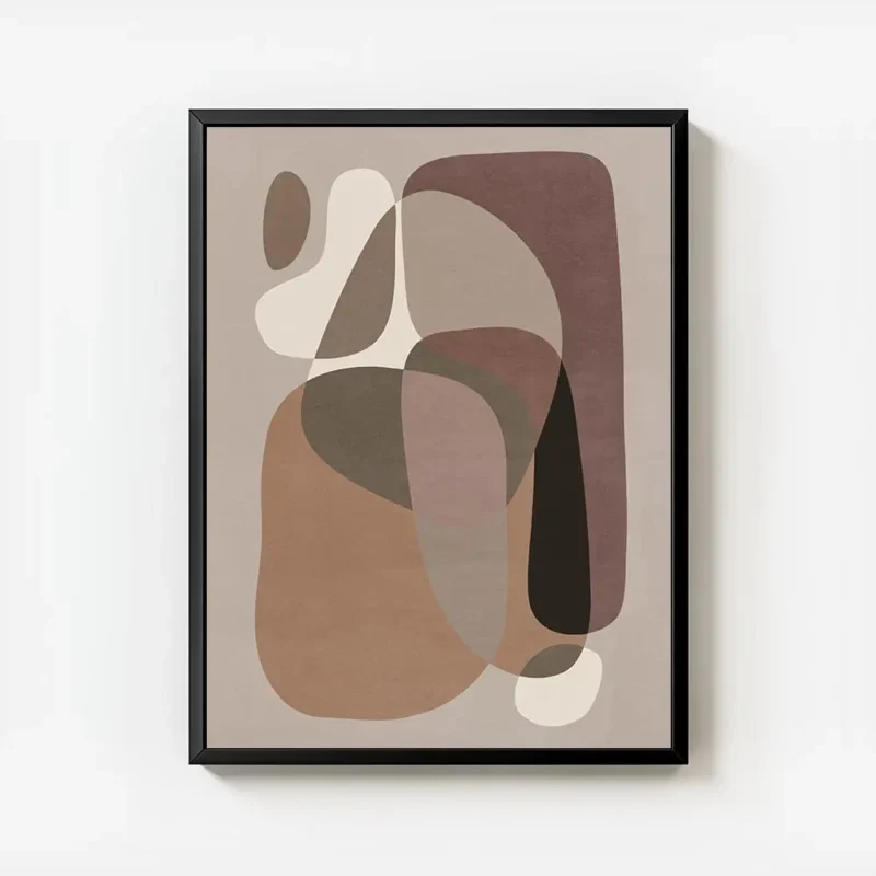 affiche avec des formes courbes et organiques de couleurs beige et marron sur un avec cadre.webp