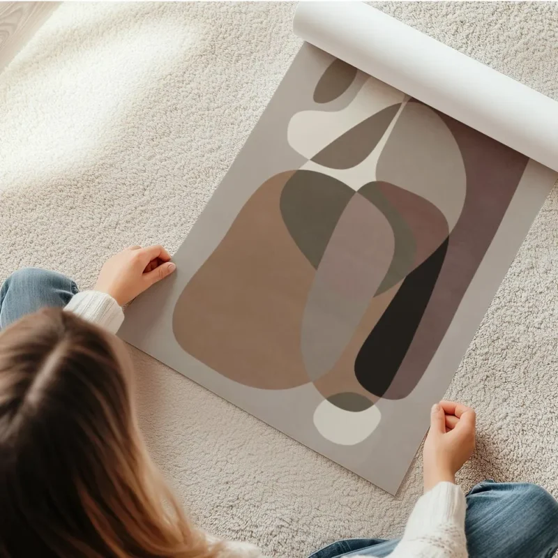 affiche avec des formes courbes et organiques de couleurs beige et marron sur un en rouleau.webp