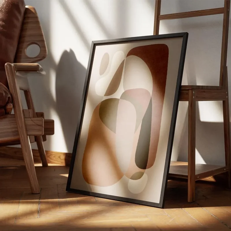 affiche avec des formes courbes et organiques de couleurs beige et marron sur un encadre.webp