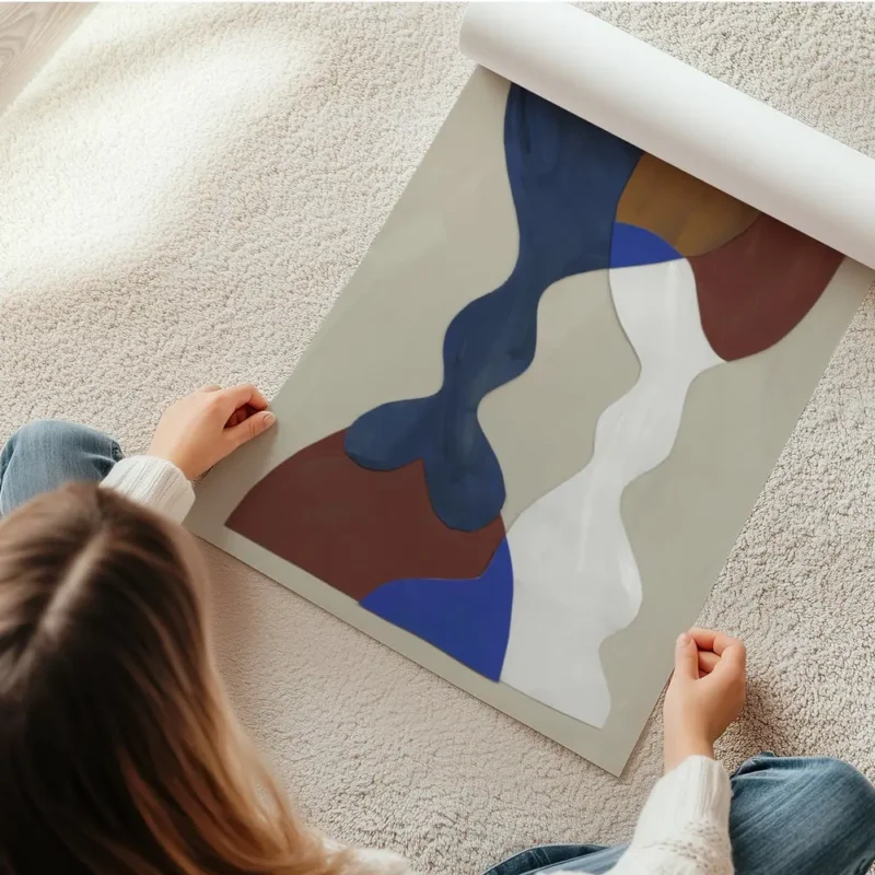 affiche avec des formes decoupees et superposees dans un style cubiste aux coule en rouleau.webp