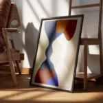 affiche avec des formes decoupees et superposees dans un style cubiste aux coule encadre.webp