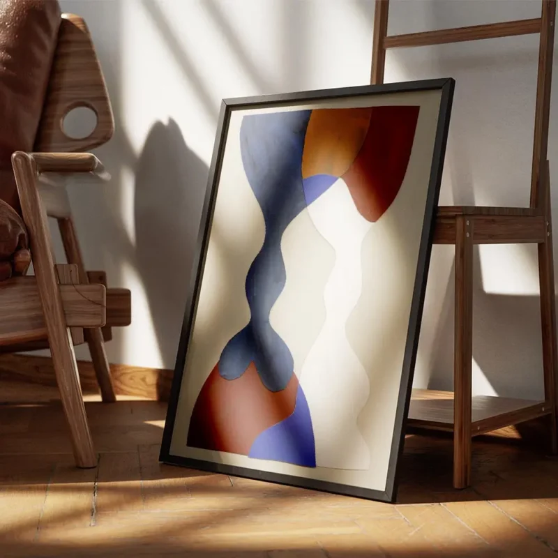 affiche avec des formes decoupees et superposees dans un style cubiste aux coule encadre.webp