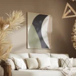 affiche avec des formes geometriques allongees aux couleurs sobres bleu vert ros salon.webp