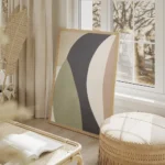 affiche avec des formes geometriques allongees aux couleurs sobres bleu vert ros salon beige.webp