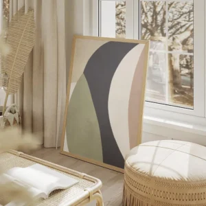 affiche avec des formes geometriques allongees aux couleurs sobres bleu vert ros salon beige.webp