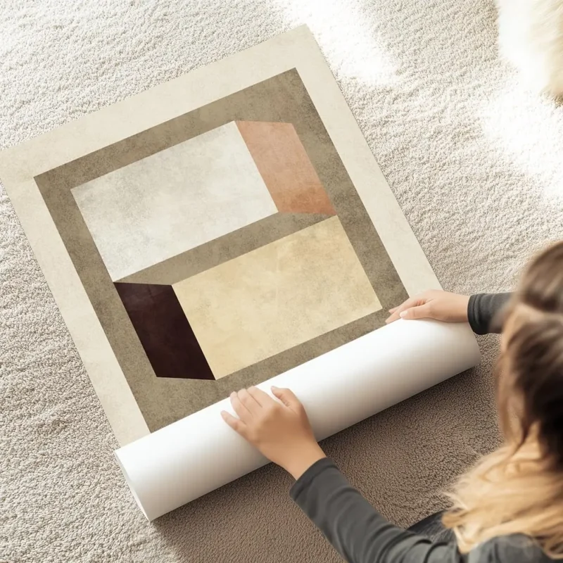 affiche avec des formes geometriques beige marron fonce et terracotta sur un fon au sol.webp