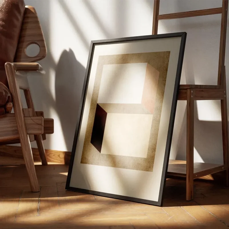 affiche avec des formes geometriques beige marron fonce et terracotta sur un fon encadre.webp