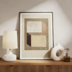 affiche avec des formes geometriques beige marron fonce et terracotta sur un fon meuble.webp