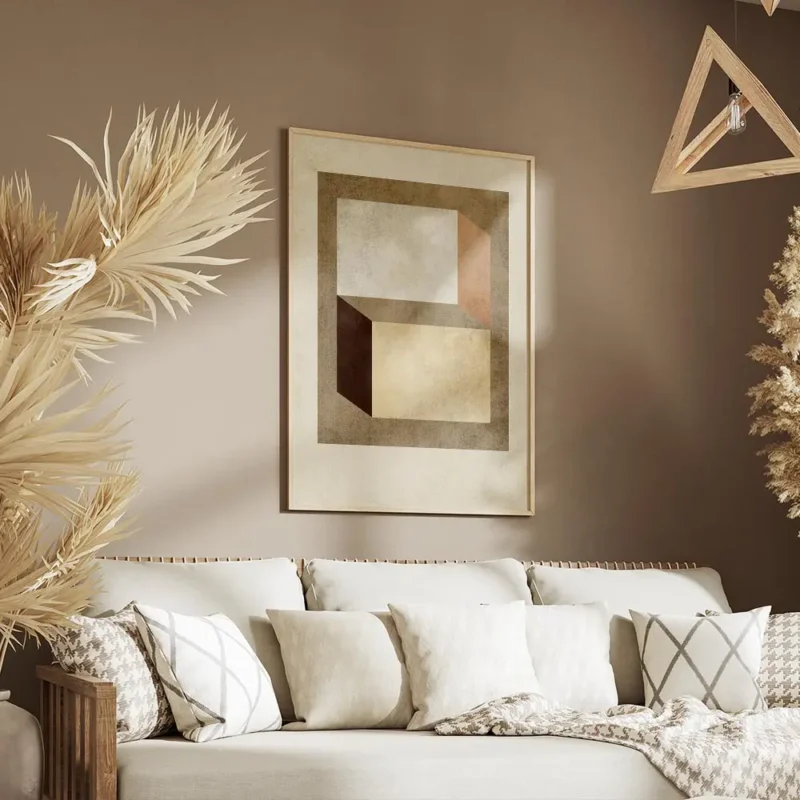 affiche avec des formes geometriques beige marron fonce et terracotta sur un fon salon.webp