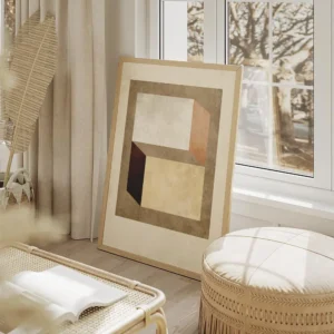 affiche avec des formes geometriques beige marron fonce et terracotta sur un fon salon beige.webp