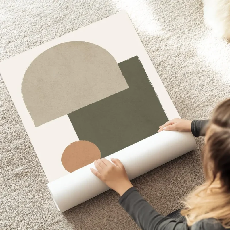 affiche avec des formes geometriques beige vert kaki et orange sur fond clair st au sol.webp