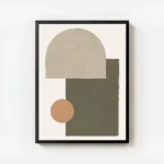 affiche avec des formes geometriques beige vert kaki et orange sur fond clair st avec cadre.webp