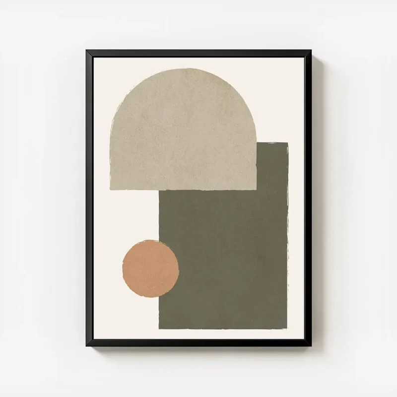 affiche avec des formes geometriques beige vert kaki et orange sur fond clair st avec cadre.webp