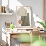 affiche avec des formes geometriques beige vert kaki et orange sur fond clair st bureau.webp