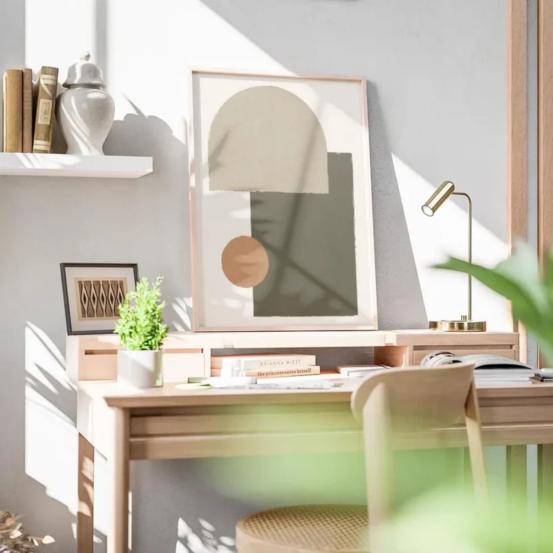 affiche avec des formes geometriques beige vert kaki et orange sur fond clair st bureau.webp