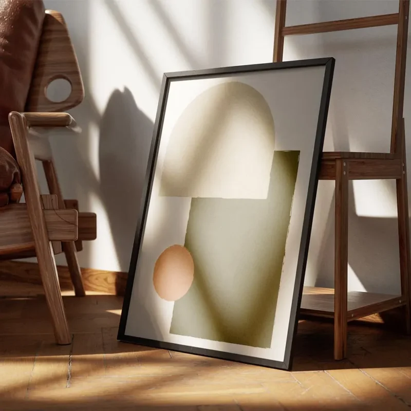 affiche avec des formes geometriques beige vert kaki et orange sur fond clair st encadre.webp