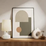 affiche avec des formes geometriques beige vert kaki et orange sur fond clair st meuble.webp