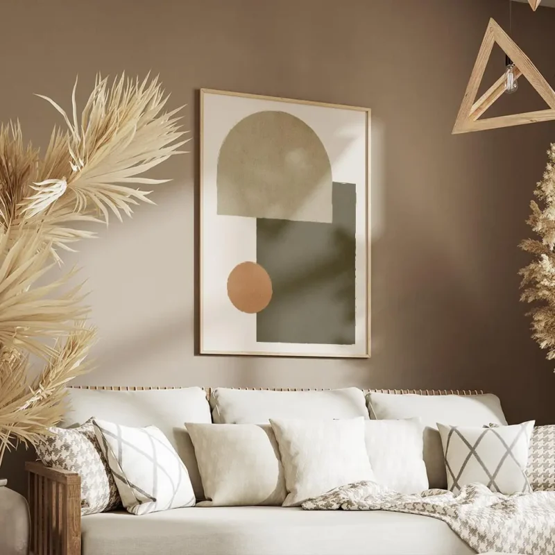 affiche avec des formes geometriques beige vert kaki et orange sur fond clair st salon.webp