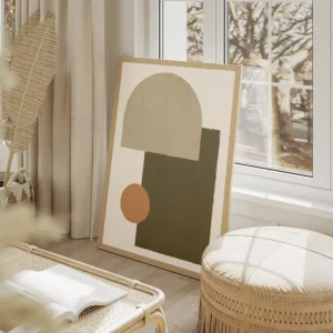 affiche avec des formes geometriques beige vert kaki et orange sur fond clair st salon beige.webp