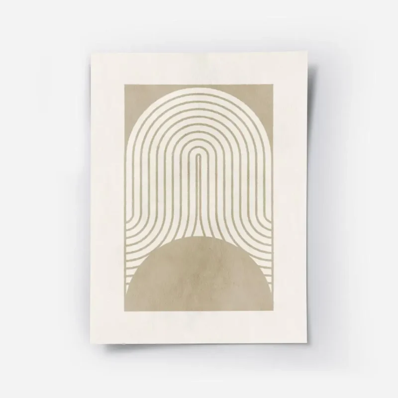 affiche avec des formes geometriques beiges des lignes courbes et un demi cercle.webp