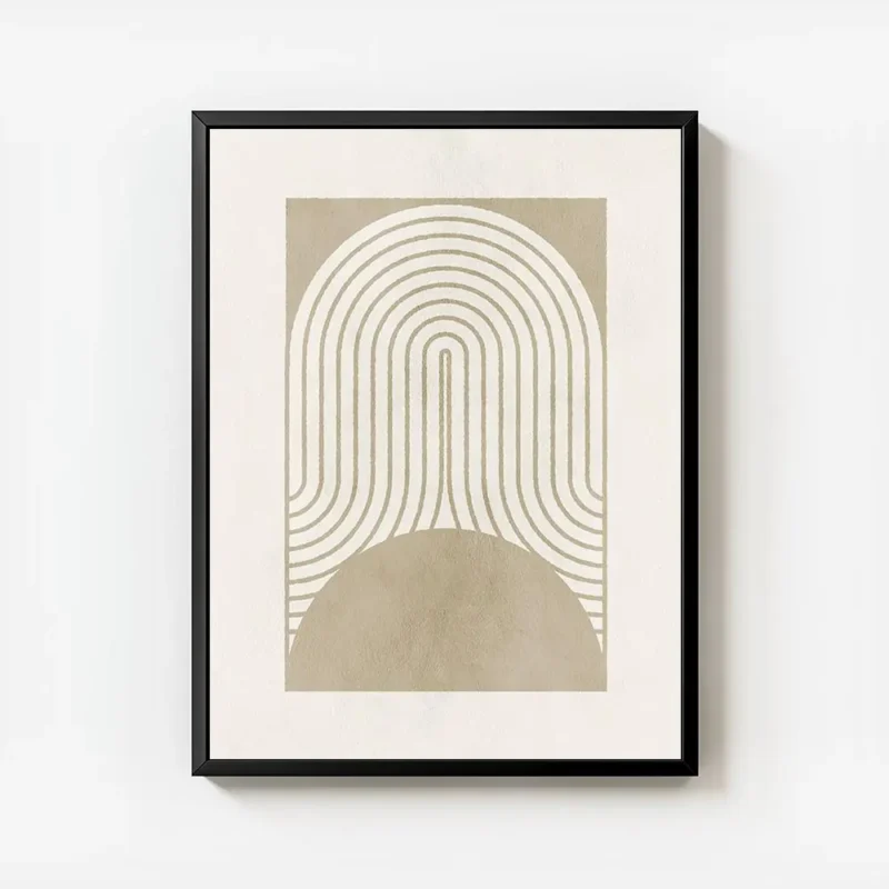 affiche avec des formes geometriques beiges des lignes courbes et un demi cercle avec cadre.webp