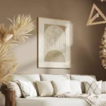 affiche avec des formes geometriques beiges des lignes courbes et un demi cercle salon.webp