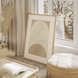 affiche avec des formes geometriques beiges des lignes courbes et un demi cercle salon beige.webp