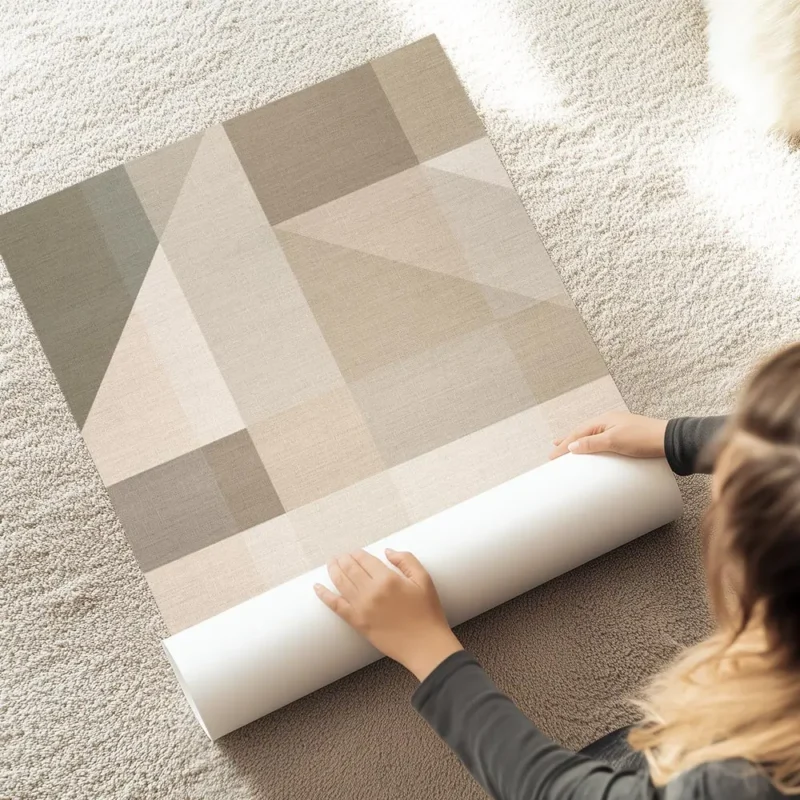 affiche avec des formes geometriques et typographie effet lin tons neutres de be au sol.webp