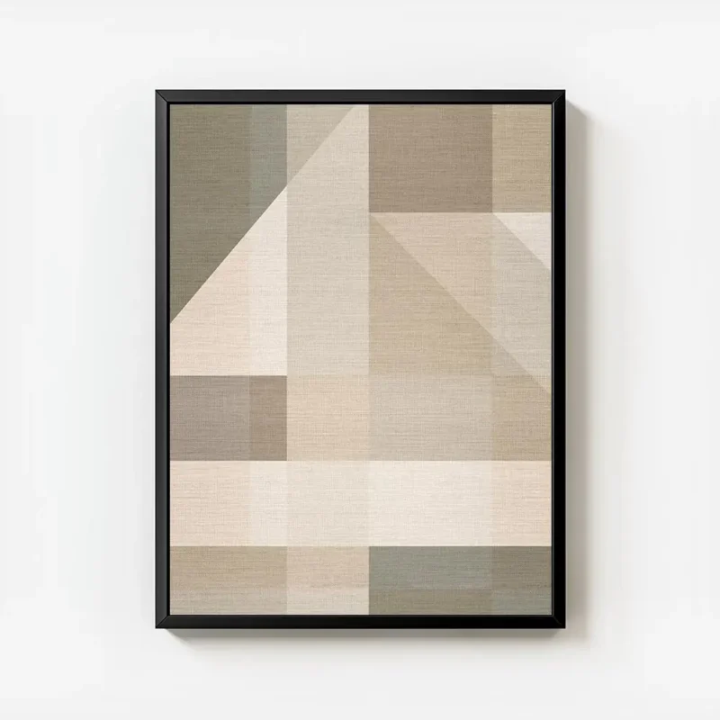 affiche avec des formes geometriques et typographie effet lin tons neutres de be avec cadre.webp