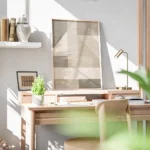 affiche avec des formes geometriques et typographie effet lin tons neutres de be bureau.webp