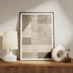 affiche avec des formes geometriques et typographie effet lin tons neutres de be meuble.webp