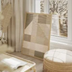 affiche avec des formes geometriques et typographie effet lin tons neutres de be salon beige.webp