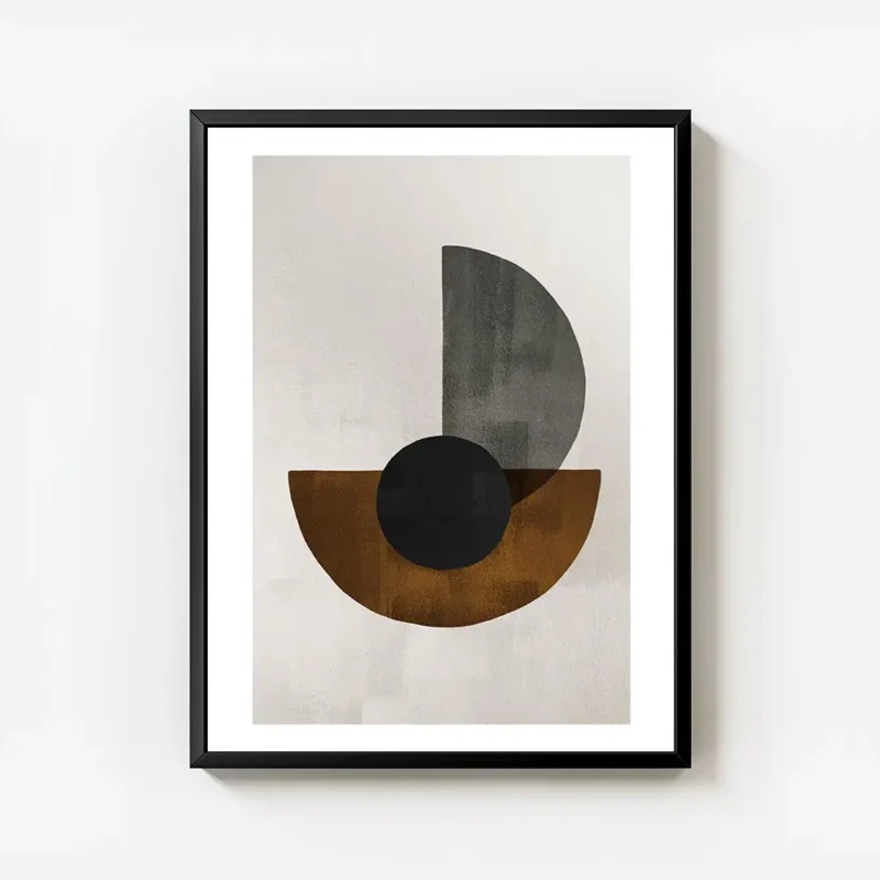 affiche avec des formes geometriques noires marron et grises sur fond beige text avec cadre.webp