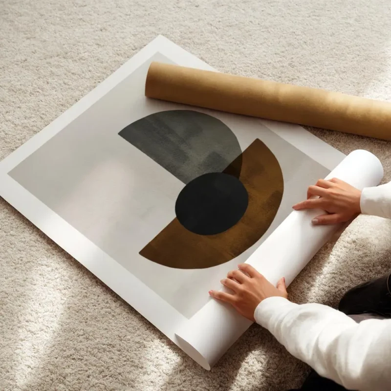 affiche avec des formes geometriques noires marron et grises sur fond beige text enroule.webp