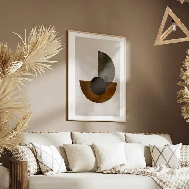 affiche avec des formes geometriques noires marron et grises sur fond beige text salon.webp