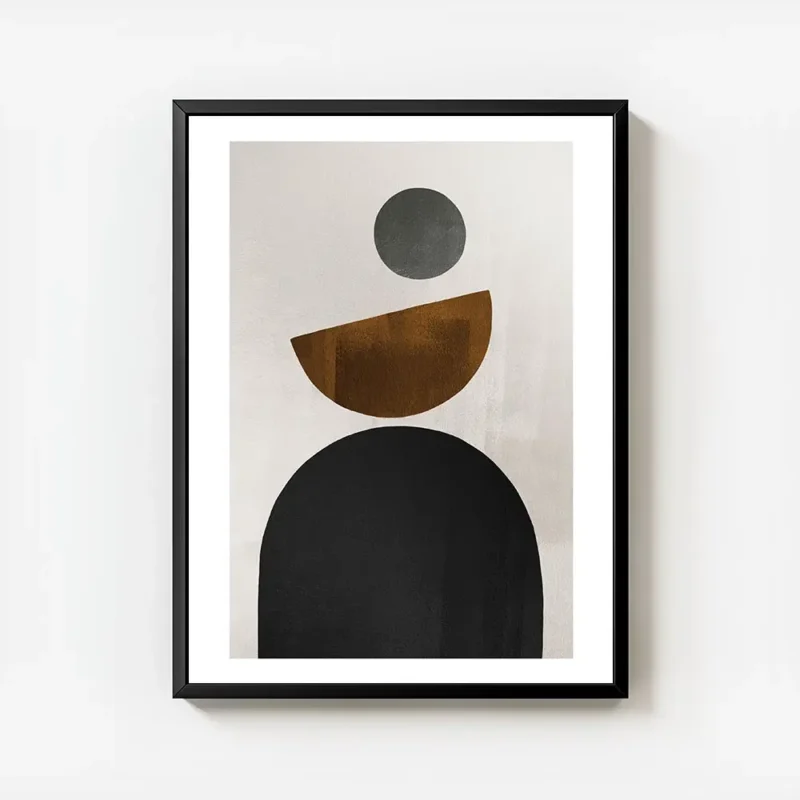 affiche avec des formes geometriques noires marron et grises sur un fond beige i avec cadre.webp