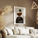 affiche avec des formes geometriques noires marron et grises sur un fond beige i salon.webp