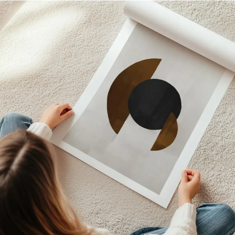 affiche avec des formes geometriques un cercle noir et des demi cercles marron s en rouleau.webp