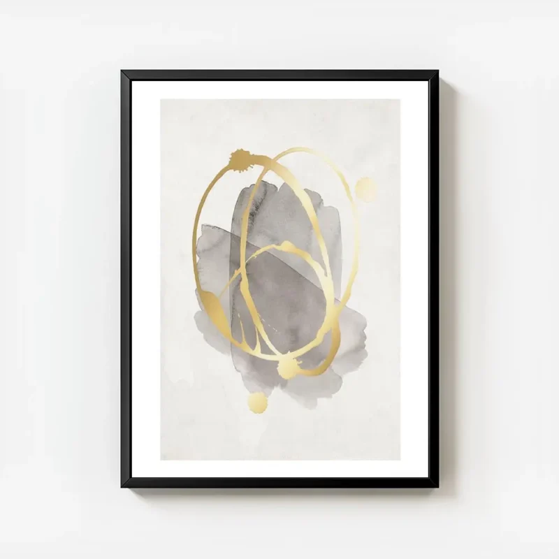 affiche avec des formes grises aquarelle et cercles dores abstraits projetes sur avec cadre.webp