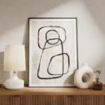affiche avec des formes lineaires abstraites en tons monochromes un cercle et de meuble.webp