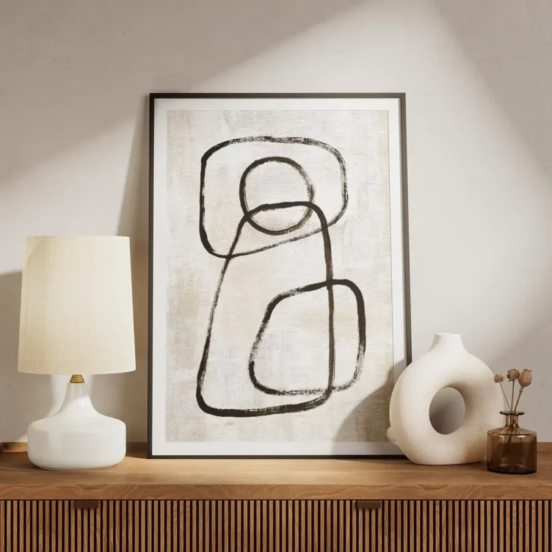 affiche avec des formes lineaires abstraites en tons monochromes un cercle et de meuble.webp
