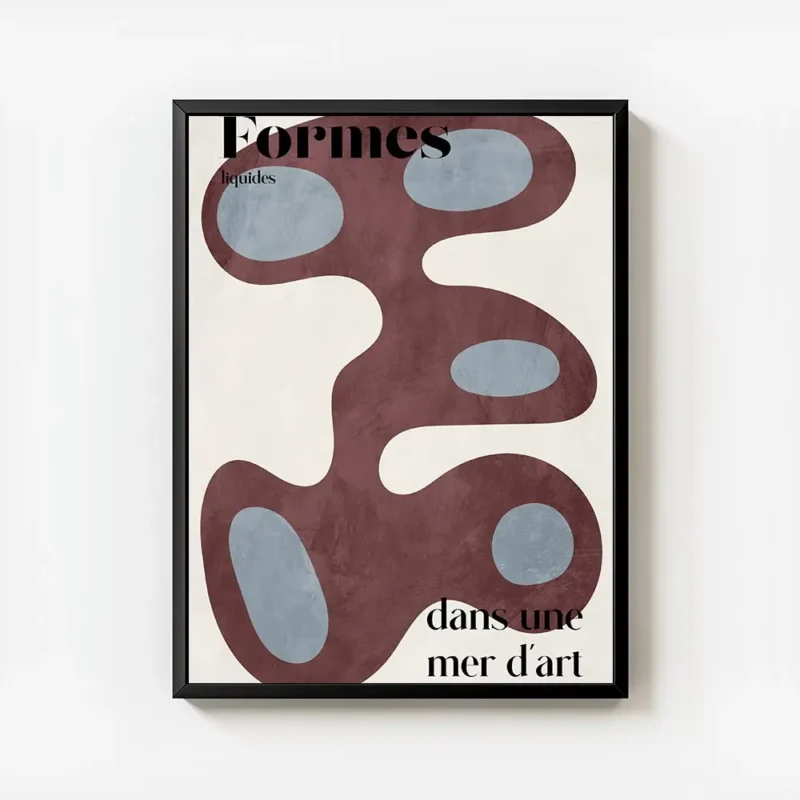 affiche avec des formes liquides abstraites en bordeaux et bleu clair sur fond b avec cadre.webp