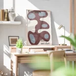 affiche avec des formes liquides abstraites en bordeaux et bleu clair sur fond b bureau.webp