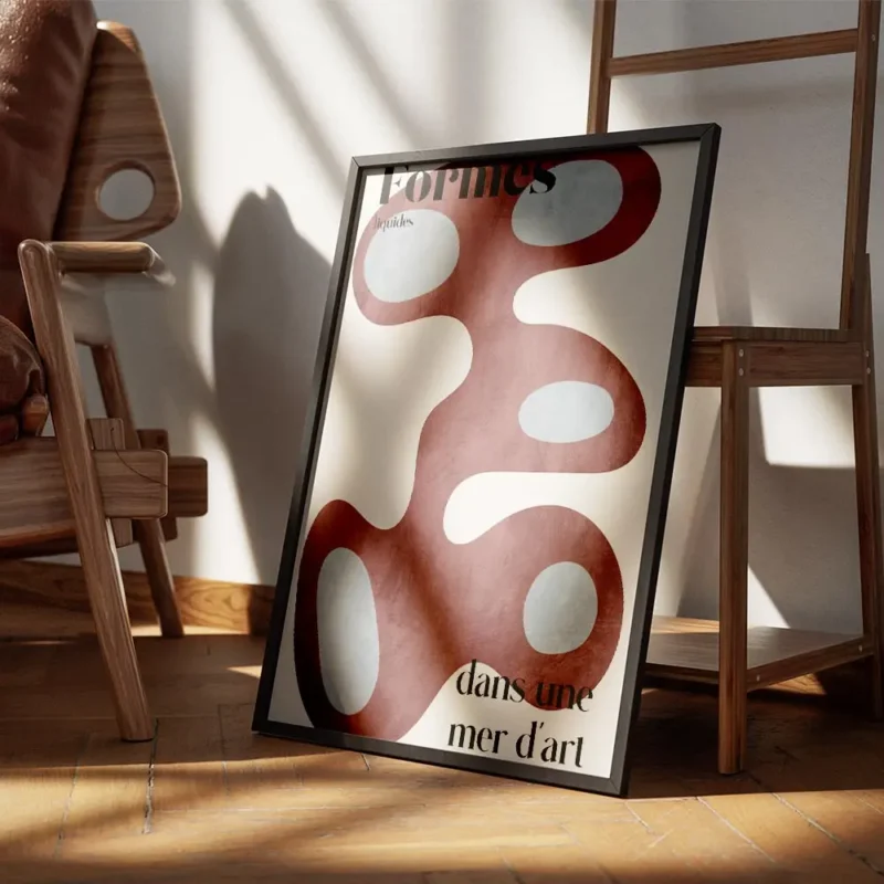 affiche avec des formes liquides abstraites en bordeaux et bleu clair sur fond b encadre.webp