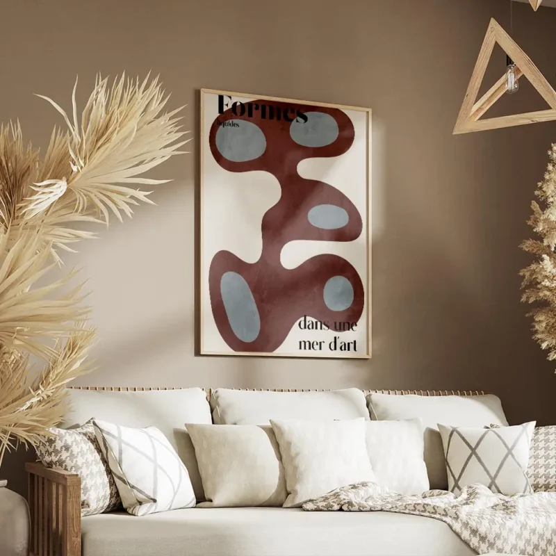 affiche avec des formes liquides abstraites en bordeaux et bleu clair sur fond b salon.webp