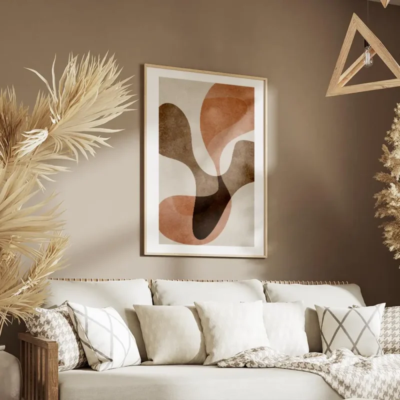 affiche avec des formes organiques abstraites superposees de couleur marron et o salon.webp