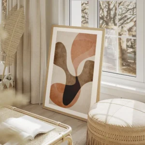 affiche avec des formes organiques abstraites superposees de couleur marron et o salon beige.webp