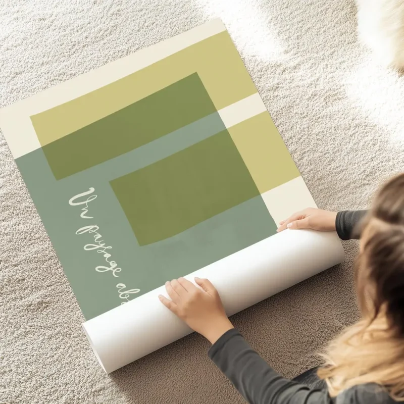 affiche avec des formes rectangulaires et courbes aux couleurs vert sauge jaune au sol.webp