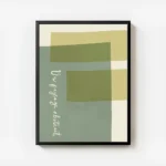 affiche avec des formes rectangulaires et courbes aux couleurs vert sauge jaune avec cadre.webp